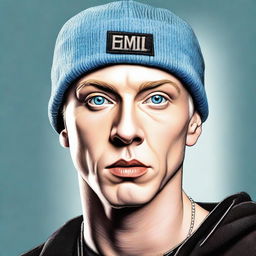 A realistic portrait of the rap legend Eminem. His icy blue eyes are thoughtful yet fierce, his stubble neatly trimmed, and a classic black beanie covering his blonde hair. He is captured in his iconic confident and serious pose.