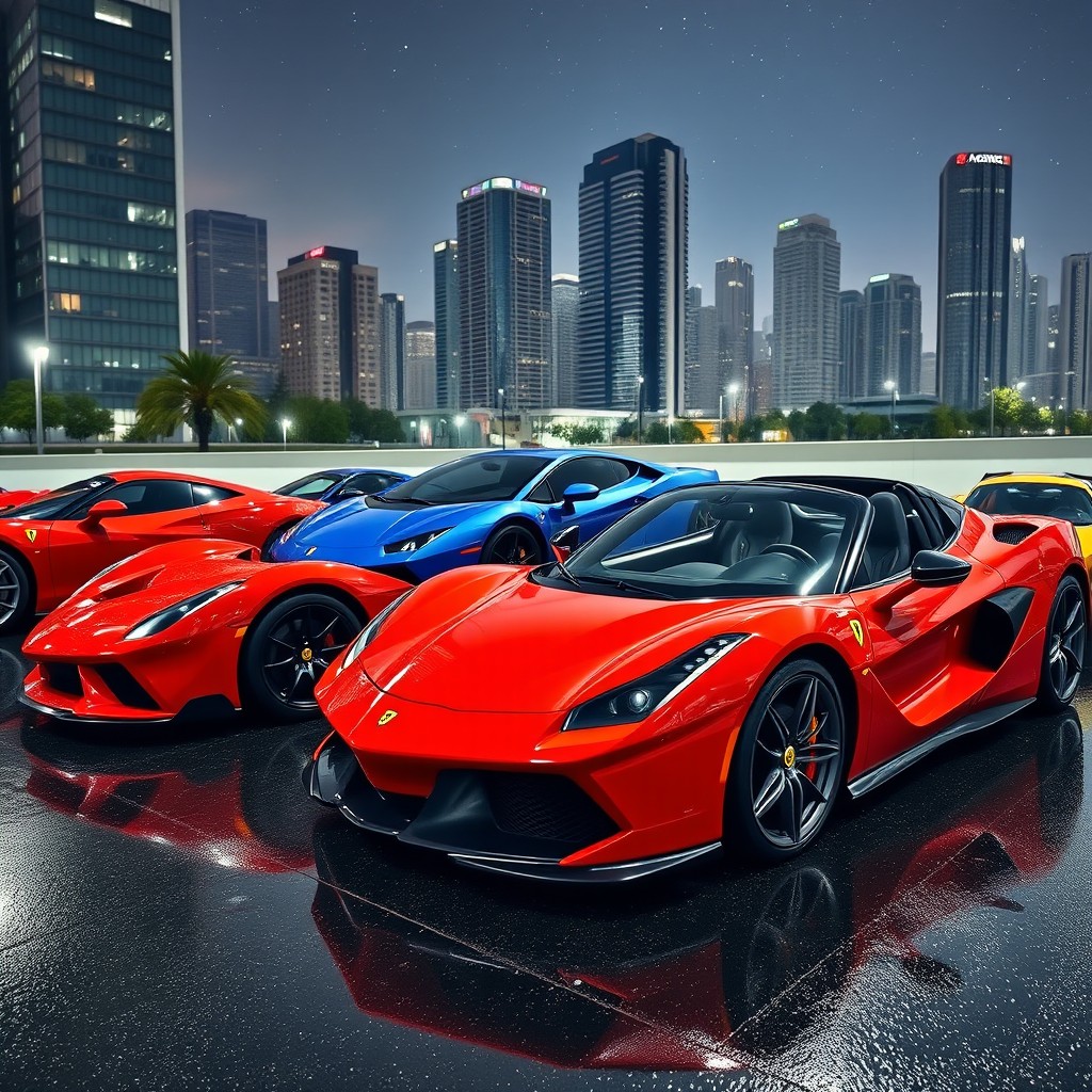 A stunning display of high-performance supercars parked in an urban environment