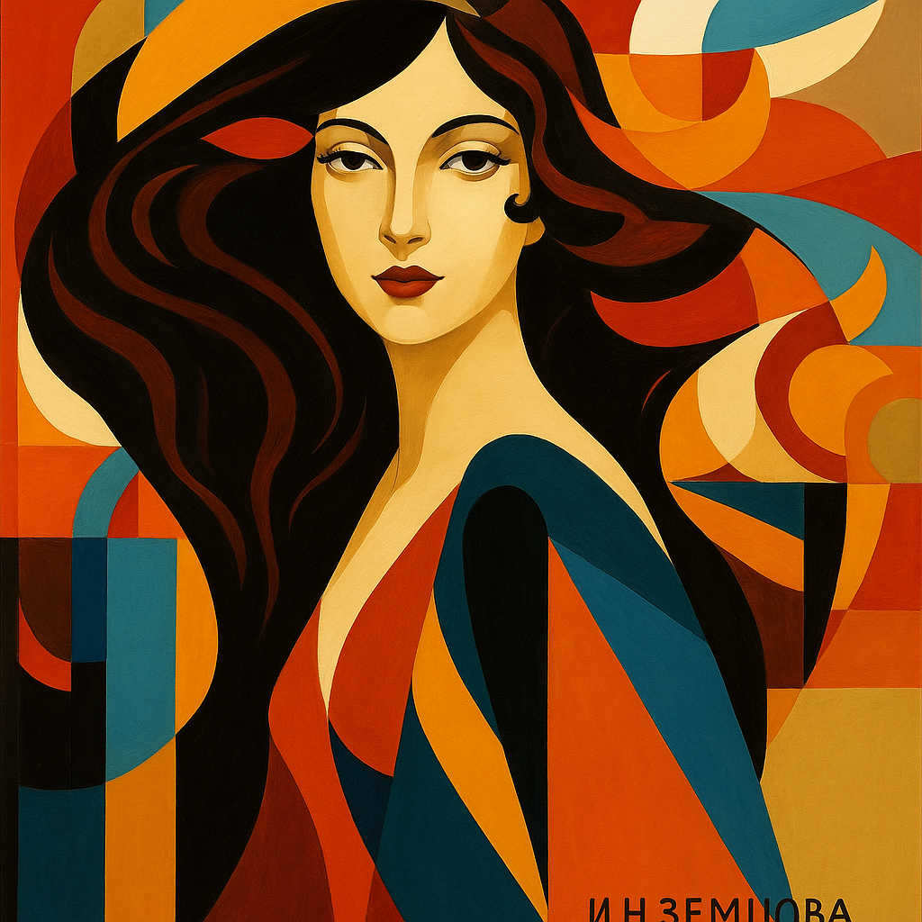 A stylized portrait of a woman with flowing dark hair, featuring bold colors and geometric shapes in the background