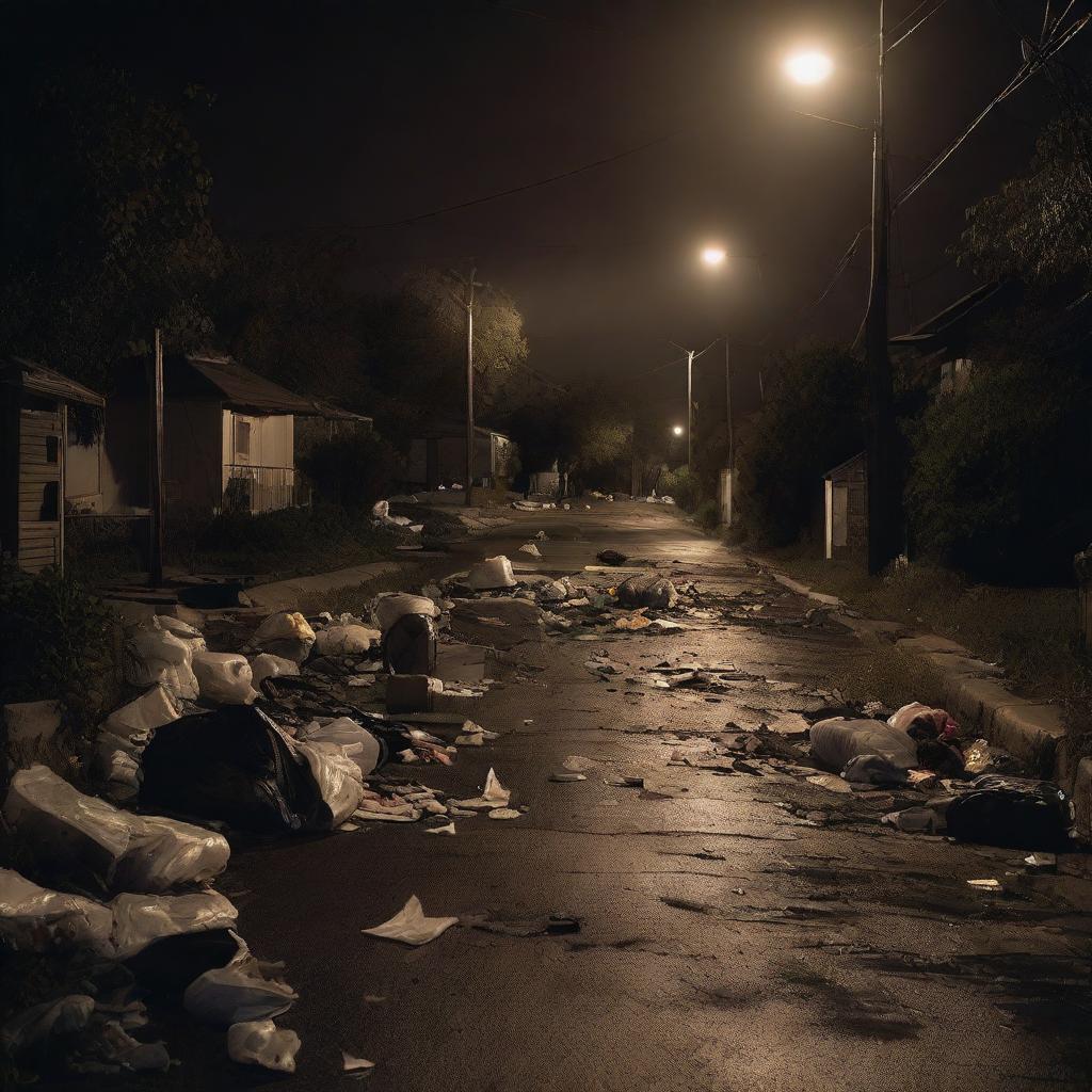 A dark, winding road with a handful of houses on the left side, caught under dimly lit streetlights. To the side of the road, a few pieces of trash are lightly scattered.