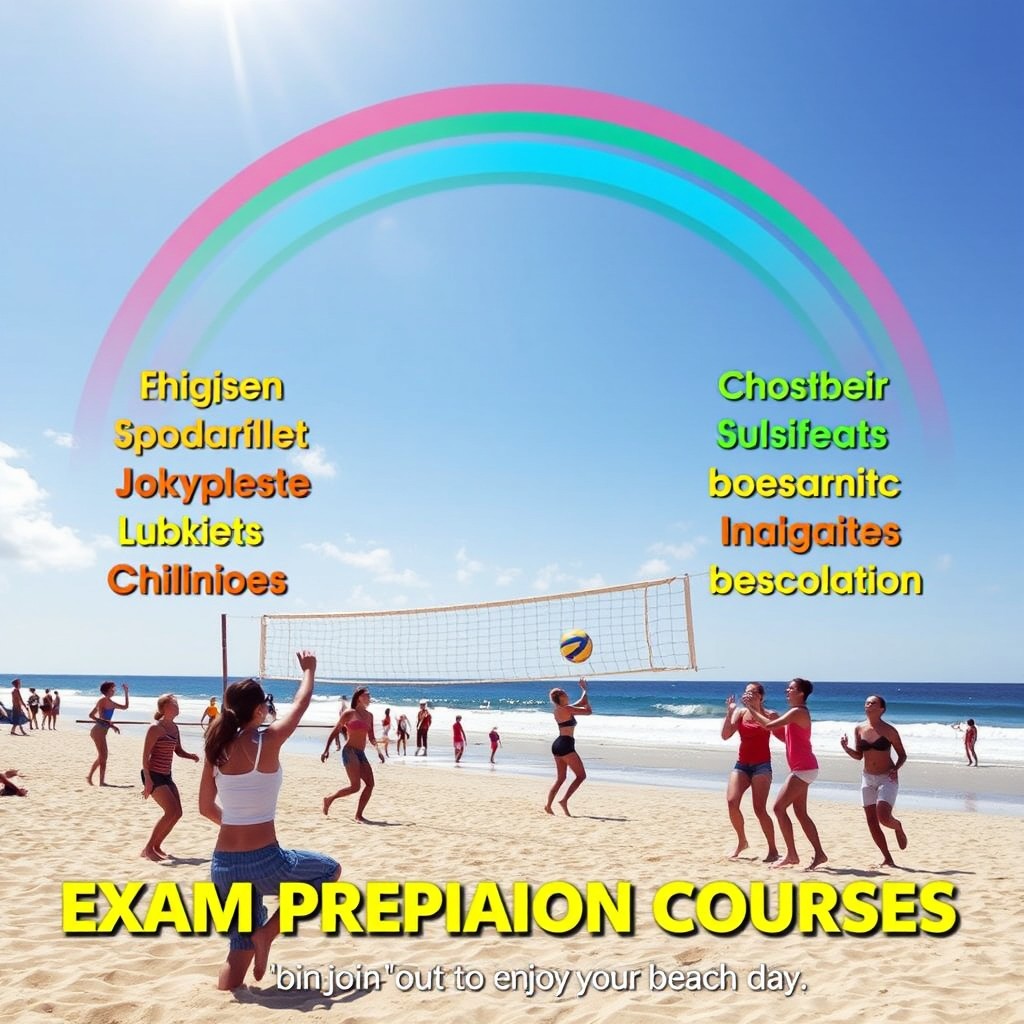 A vibrant advertisement poster for exam preparation courses, featuring a sunny beach in the background where people are joyfully playing volleyball