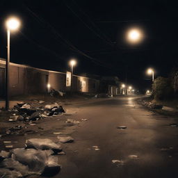 A dark, winding road with a handful of houses on the left side, caught under dimly lit streetlights. To the side of the road, a few pieces of trash are lightly scattered.