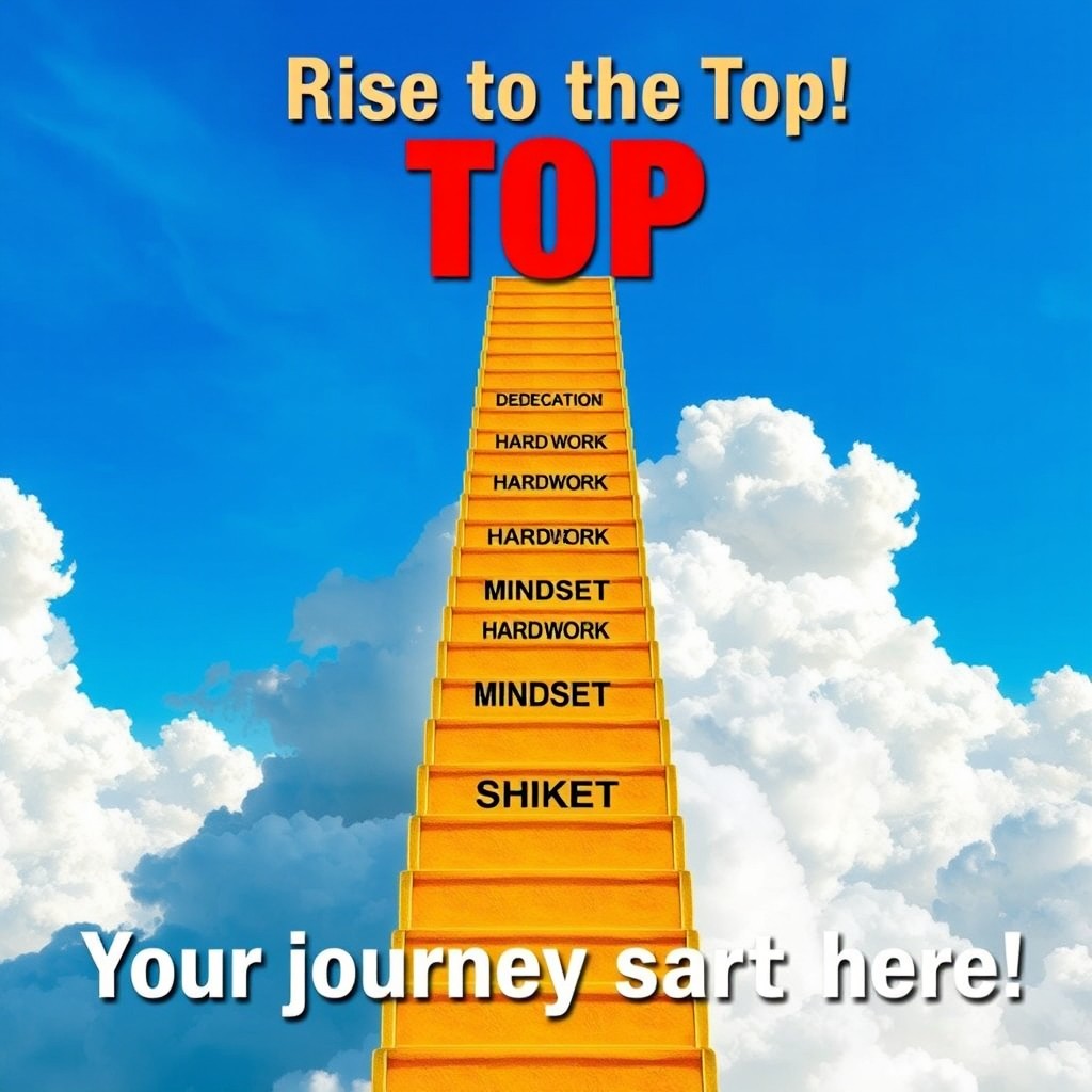 A magnificent staircase ascending into the clouds, each step prominently labeled with inspiring attributes such as 'Dedication,' 'Hard Work,' 'Mindset,' and more