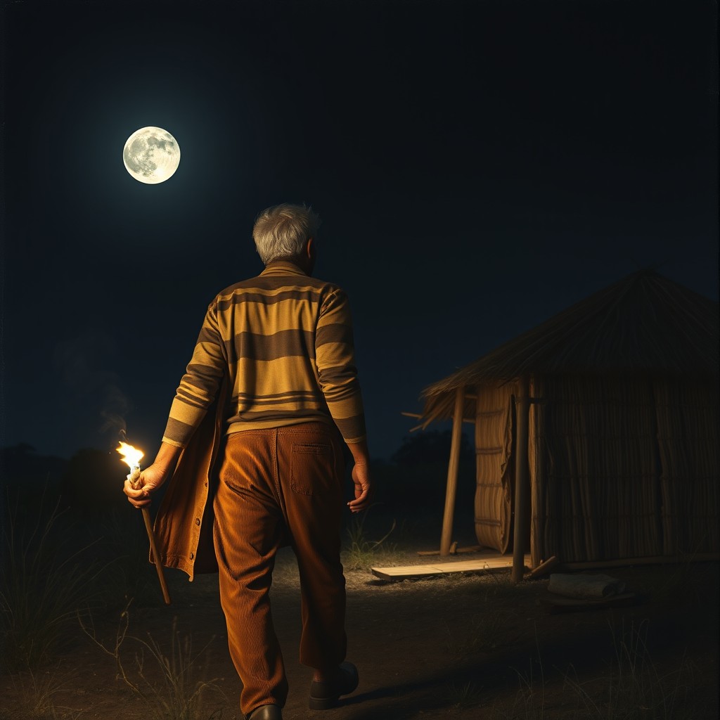 At night illuminated by moonlight, a powerful African slayer with shaggy hair, large and intimidating, dressed in an old, rugged coat, is stealthily following an African man around 56 years old