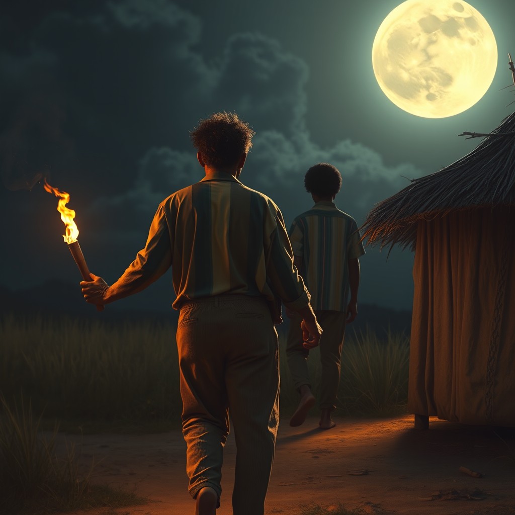 At night under the moonlight, a powerful African slayer with shaggy hair and a large build stands ominously behind an unsuspecting African man, around 56 years old