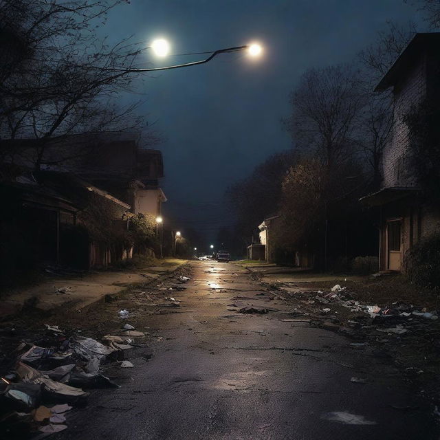 A dark, winding road with a handful of houses on the left side, caught under dimly lit streetlights. To the side of the road, a few pieces of trash are lightly scattered.