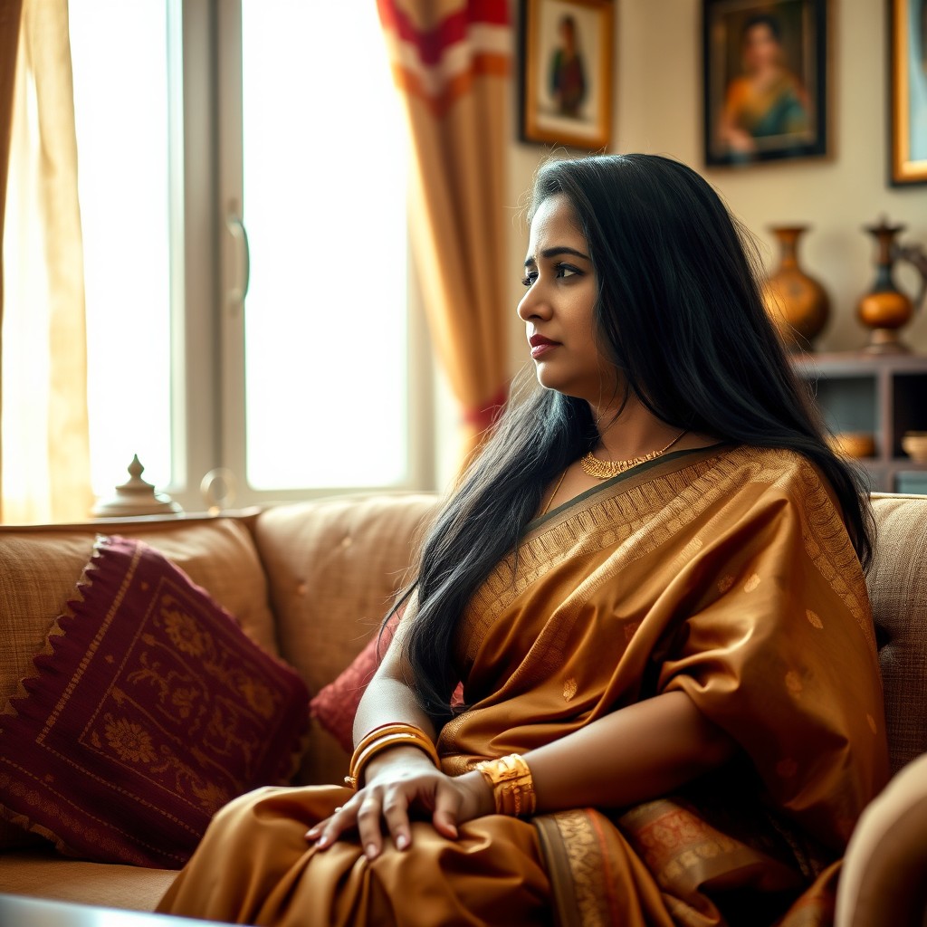 An Indian married woman with long black hair, wearing an elegant traditional saree, sitting on a comfortable sofa in a warmly lit living room