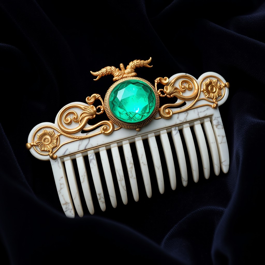 A detailed ancient Greek ornamental comb representing the symbol of the god Hypnos, featuring a glowing emerald stone