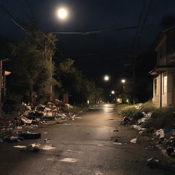 A dark, winding road with a handful of houses on the left side, caught under dimly lit streetlights. To the side of the road, a few pieces of trash are lightly scattered.