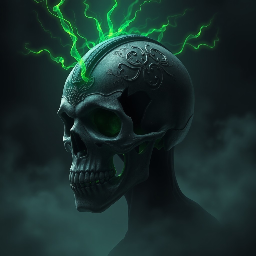 A dark skull helmet resembling a headpiece that has been removed from someone's head