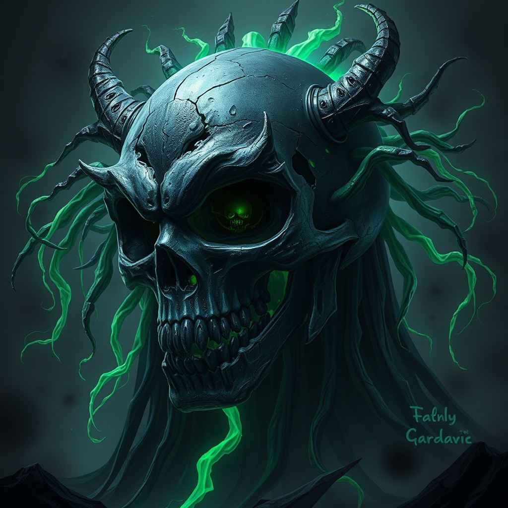 A large, menacing helmet resembling a massive, broken dark skull, with hollow eyes and jagged edges