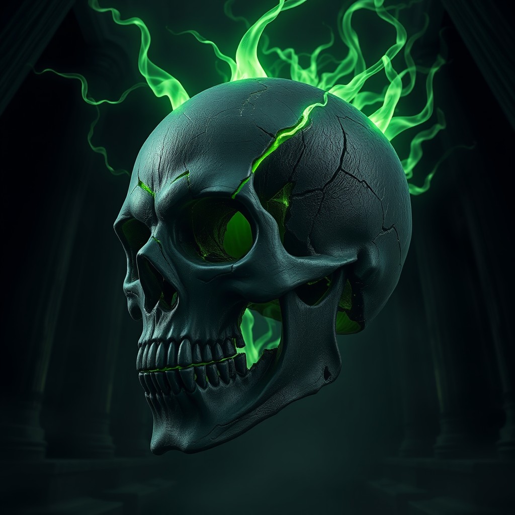 A large, broken dark skull mask resembling a decapitated head, with light green streams of necrotic energy flowing from the back in place of hair