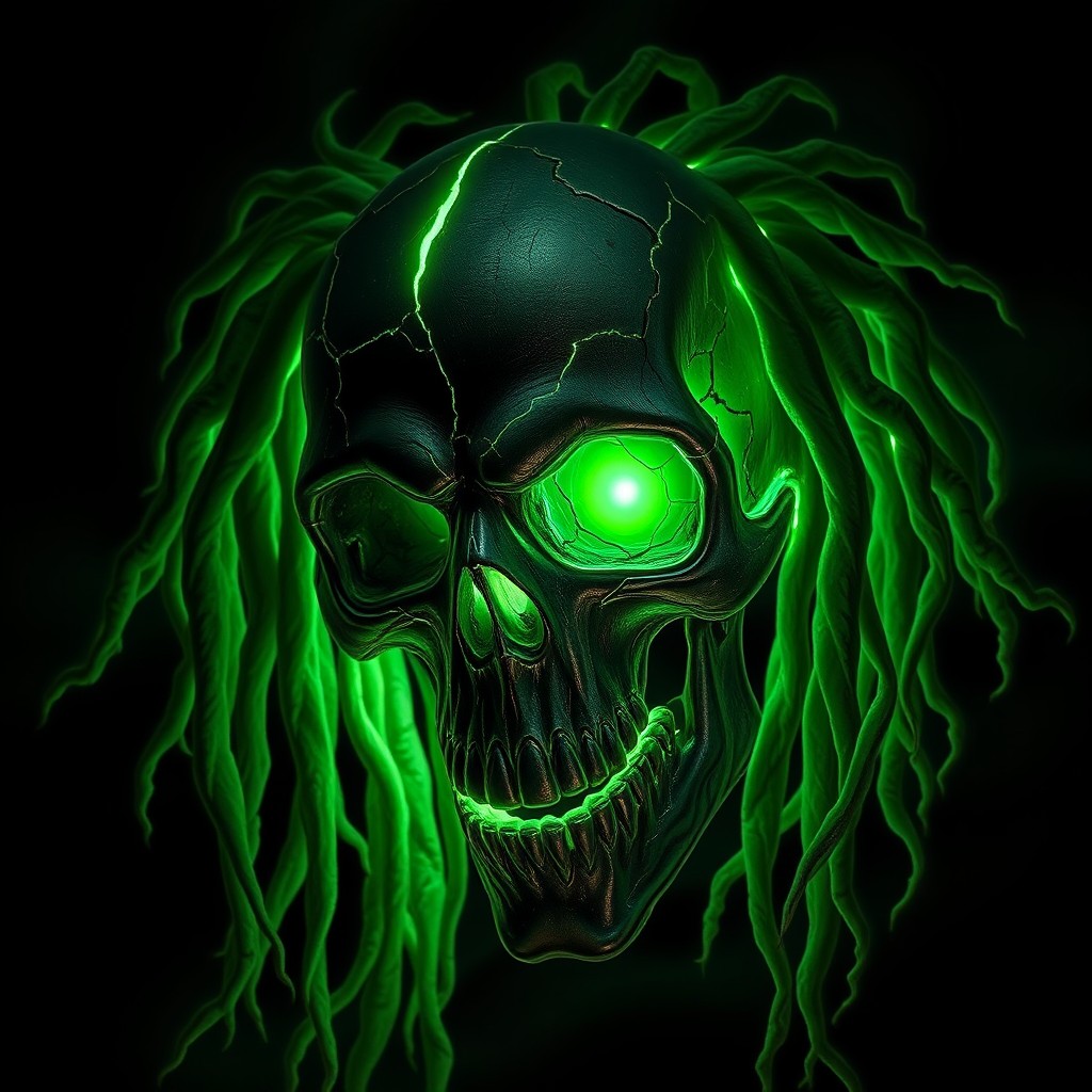 A haunting mask resembling a large, shattered dark skull, with numerous strands of light green necrotic energy flowing out like hair in dreadlocks