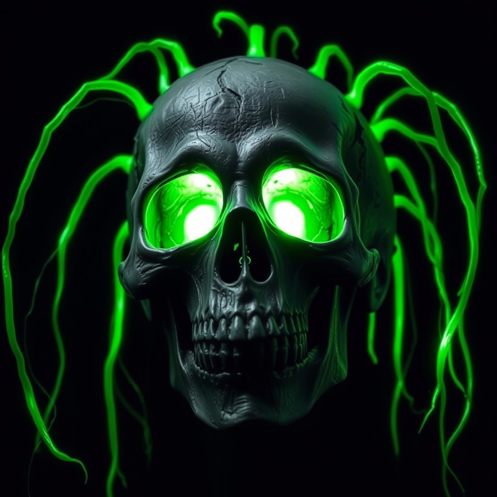 A mask resembling a large, damaged dark skull that appears to have been removed from someone's head