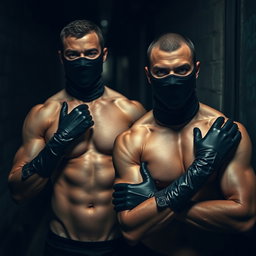 An intriguing image of a couple of muscular men without shirts, displaying their defined physiques