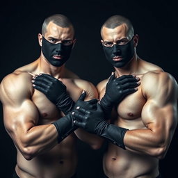 A striking image of a couple of muscular white men without shirts, showcasing their toned bodies