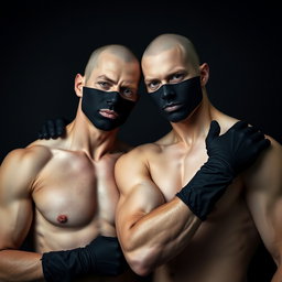 A striking image of a couple of muscular white men without shirts, showcasing their toned bodies