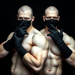 A striking image of a couple of muscular white men without shirts, showcasing their toned bodies