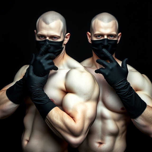 A striking image of a couple of muscular white men without shirts, showcasing their toned bodies