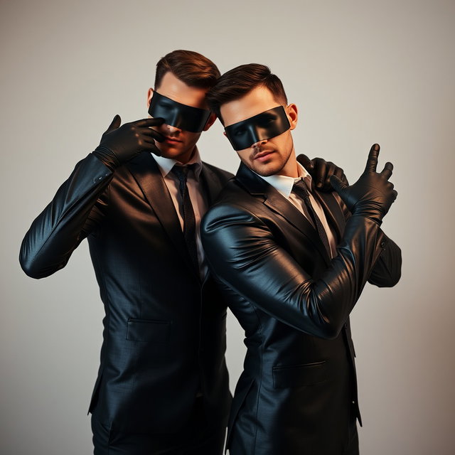Una pareja de hombres abrazados, ambos vestidos con trajes de látex que resaltan sus cuerpos tonificados