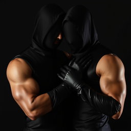 Una pareja de hombres abrazados, ambos vestidos con trajes de látex que realzan sus cuerpos musculosos