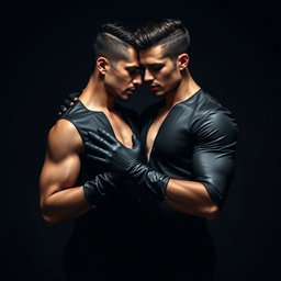 Una pareja de hombres abrazados, ambos vestidos con trajes de látex que realzan sus cuerpos musculosos