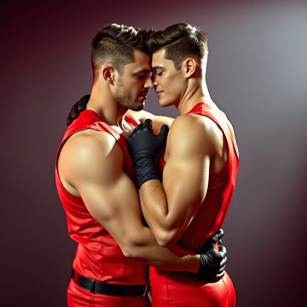 Una pareja de hombres abrazados románticamente, ambos vestidos con trajes de látex ajustados que destacan sus musculosas siluetas