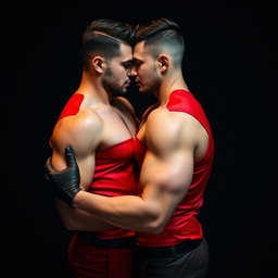Una pareja de hombres abrazados románticamente, ambos vestidos con trajes de látex ajustados que destacan sus musculosas siluetas