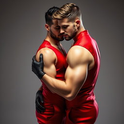 Una pareja de hombres abrazados románticamente, ambos vestidos con trajes de látex ajustados que destacan sus musculosas siluetas