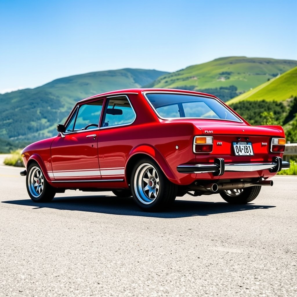 A beautifully restored Fiat 128 Super Europa, fully tuned with a racing engine, sporting a vibrant red paint job that shines in the sunlight