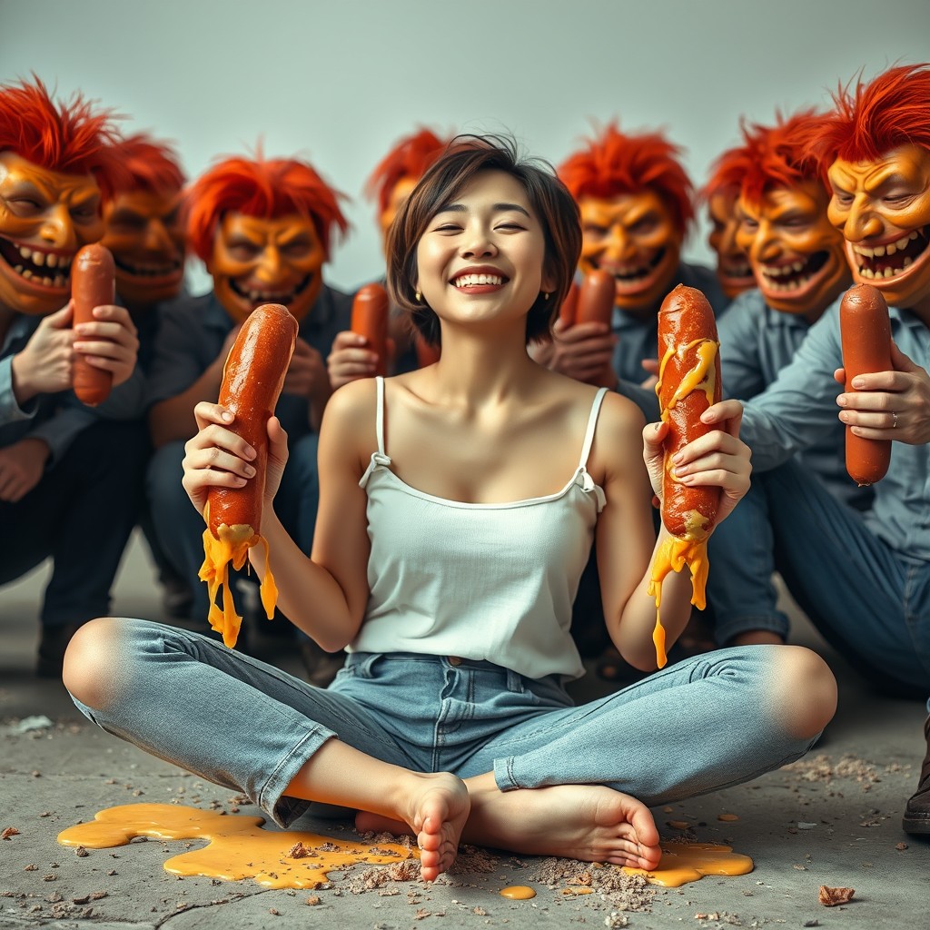 A hot Korean girl with short hair, aged 18, sits criss-cross on the ground, smiling with her eyes closed in a carefree, joyful manner