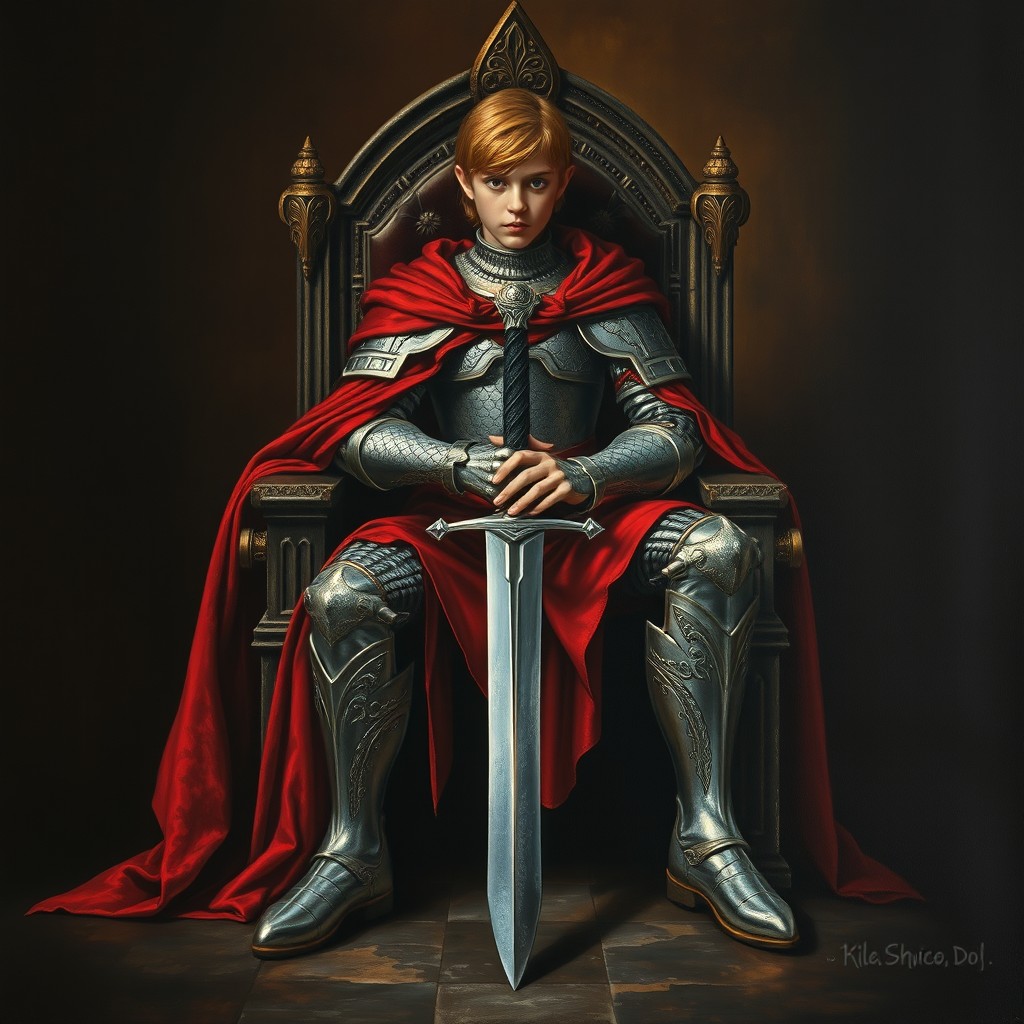 A medieval-style painting on a black background featuring a young man sitting on a throne, adorned in silver armor designed with dragon scale patterns