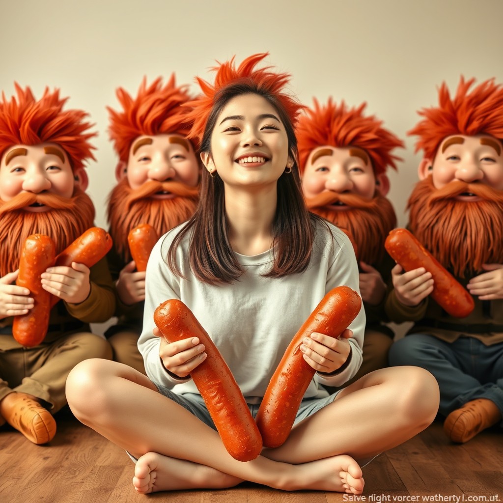 A young Korean woman, 18 years old, sitting criss cross with a joyful expression and her eyes closed while smiling, surrounded by a group of exaggeratedly comical, red-haired, rugged men with oversized kielbasa for heads