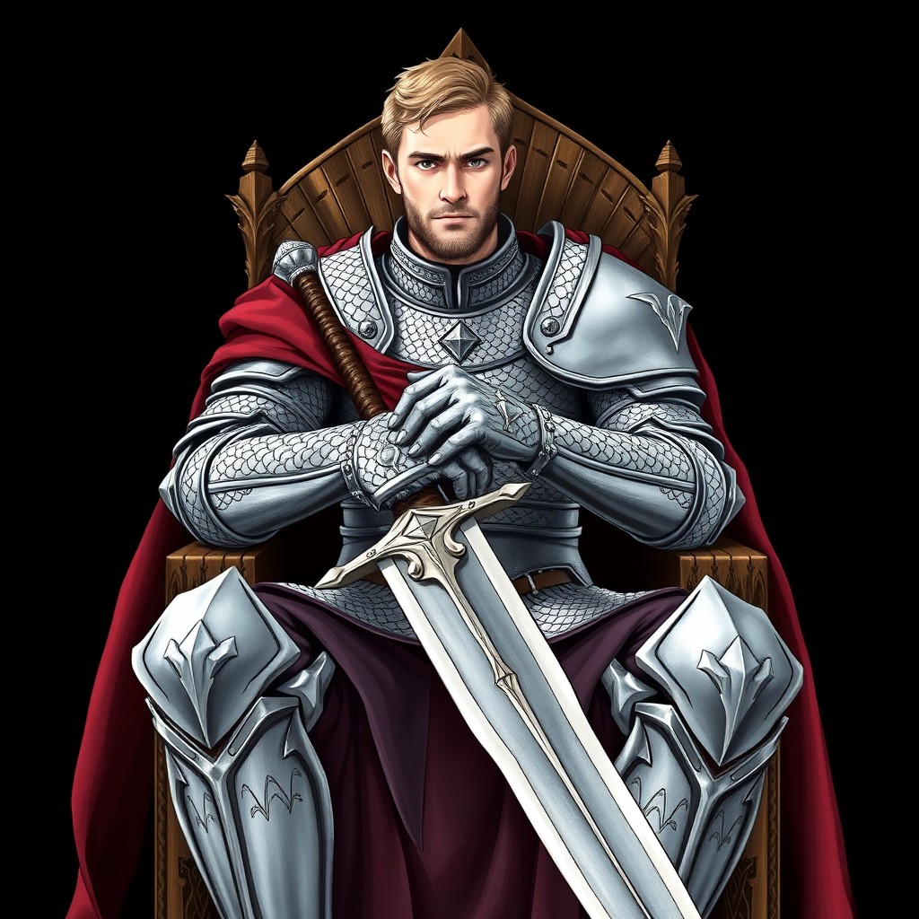 A medieval style illustration set against a black background, depicting a 20-year-old man sitting on a throne