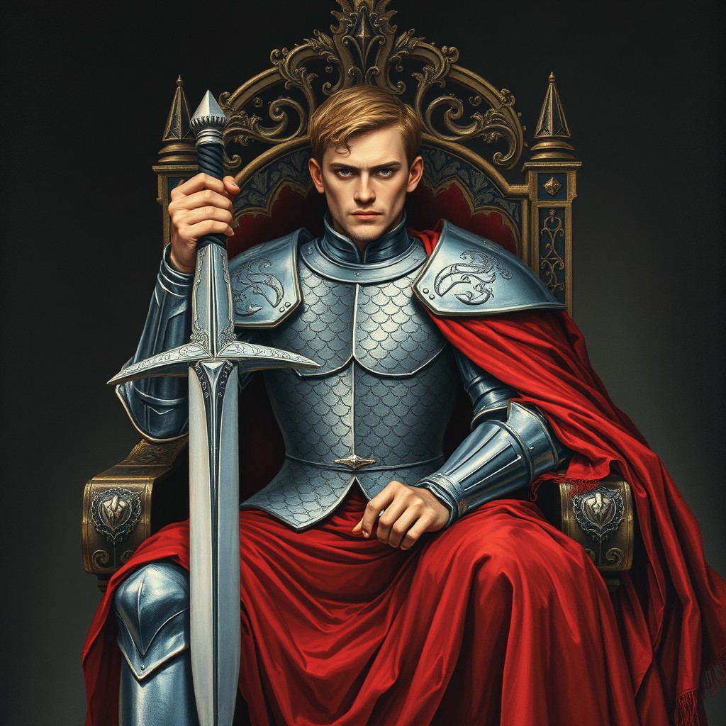 A painting in the style of old medieval illustrations: on a black background sits a 20-year-old man on a throne, adorned in silver armor featuring a dragon scale pattern