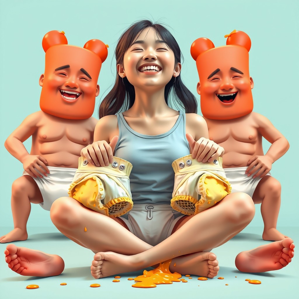 A vibrant and whimsical scene depicting a young Korean woman, 18 years old, joyfully sitting criss-cross with her eyes closed and a warm smile on her face