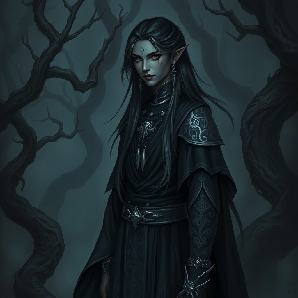 A Shadar-Kai character, featuring dark skin, long black hair styled with silver strands, wearing ethereal dark clothing that billows slightly as if caught in an unseen breeze