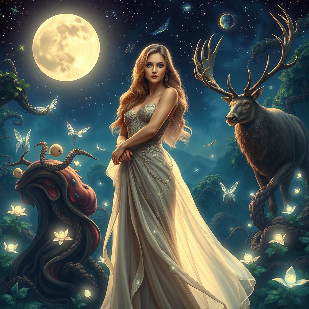 A vibrant fantasy scene inspired by the world of "A Court of Thorns and Roses", featuring an ethereal night sky filled with stars and a large, bright moon