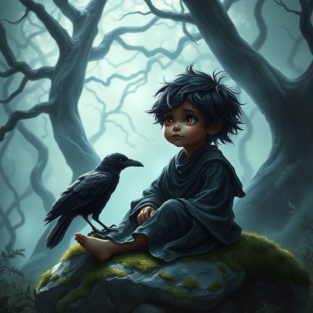 A Shadar-Kai child, featuring dark skin and tousled black hair with silver highlights, sitting on a moss-covered stone in a mystical forest