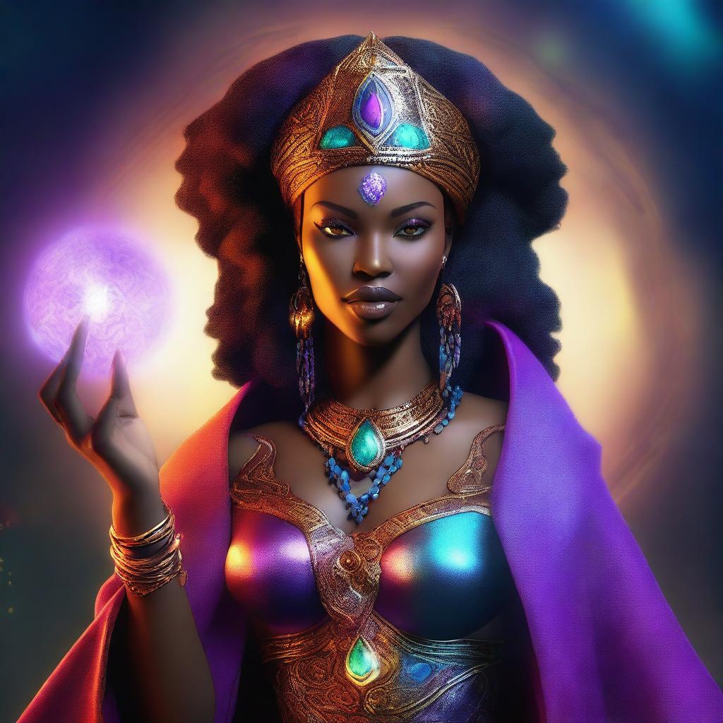 A digital art image of an African-American sorceress is depicted