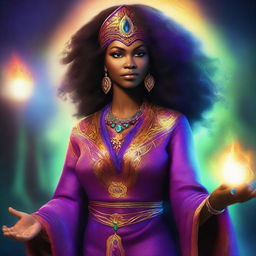 A digital art image of an African-American sorceress is depicted