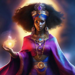 A digital art image of an African-American sorceress is depicted