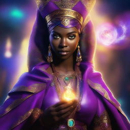 A digital art image of an African-American sorceress is depicted