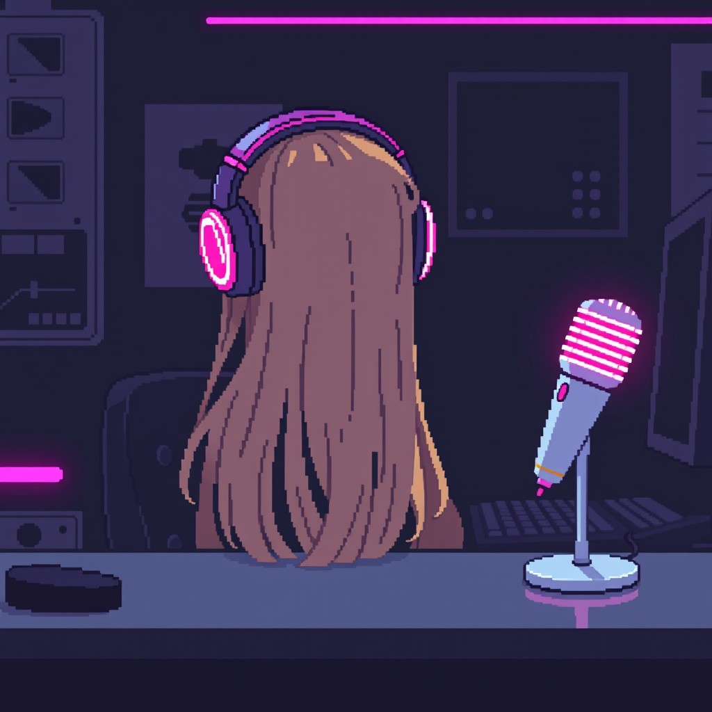 A pixel art scene featuring a girl with long blonde hair sitting at a desk, facing away from the camera