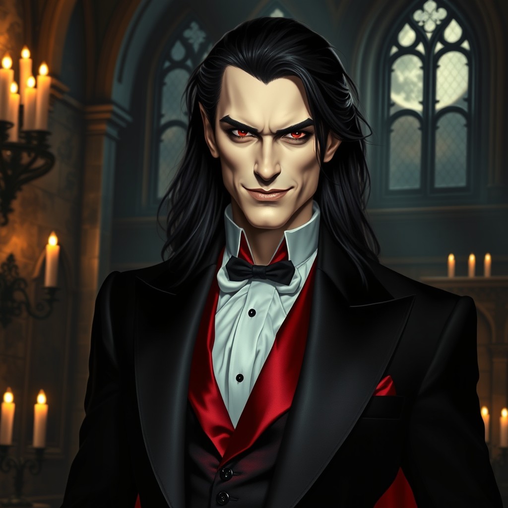 A striking vampire with an elegant and menacing presence
