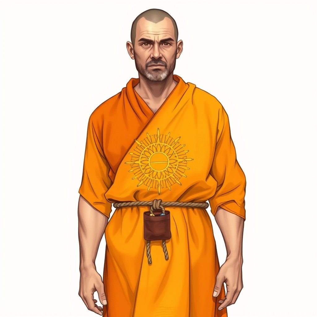 A drawing of a middle-aged, sturdy male monk, age 45, with an agile yet robust build