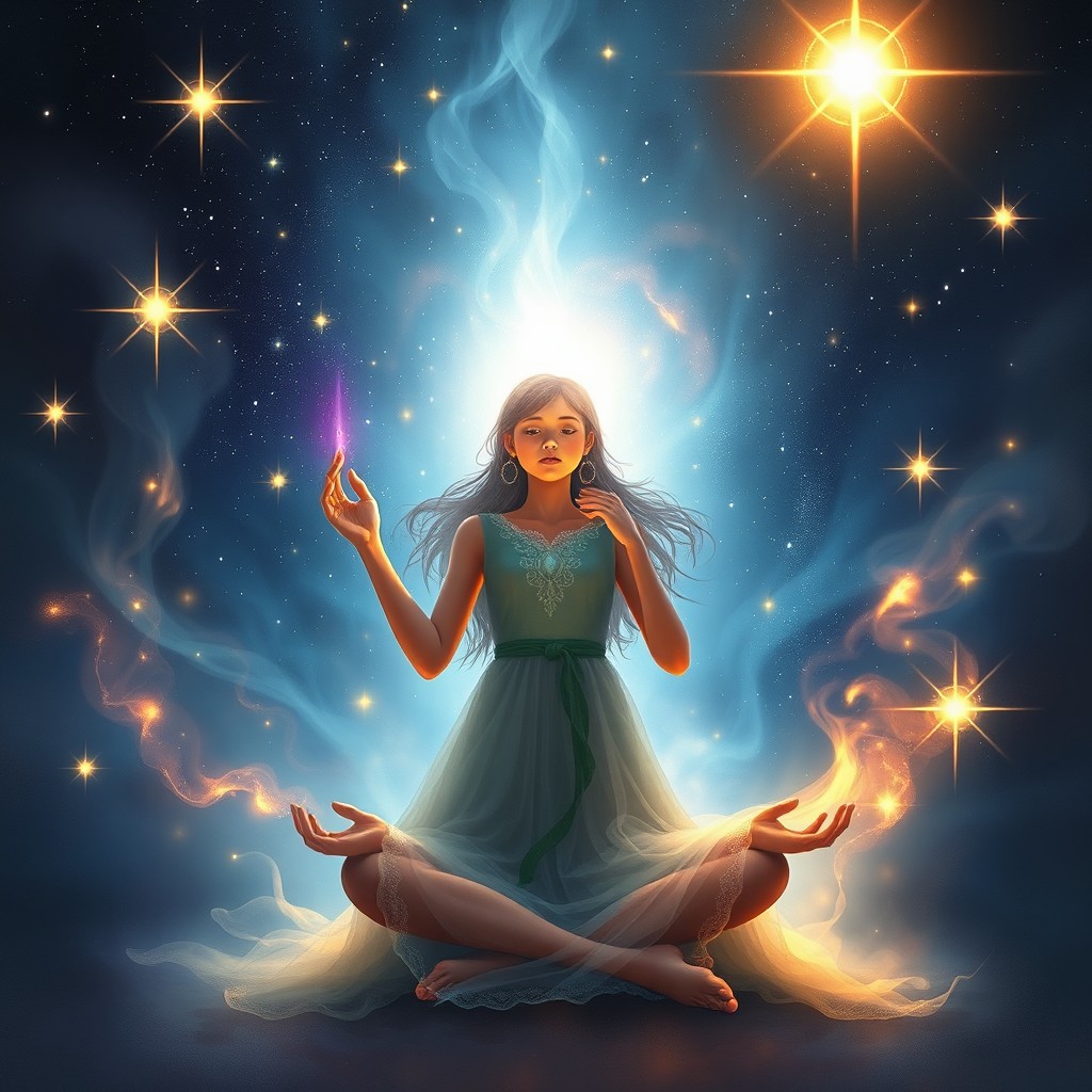 A mystical and inspirational scene depicting Élohara, the guardian of the sacred fire, a radiant child surrounded by ethereal light