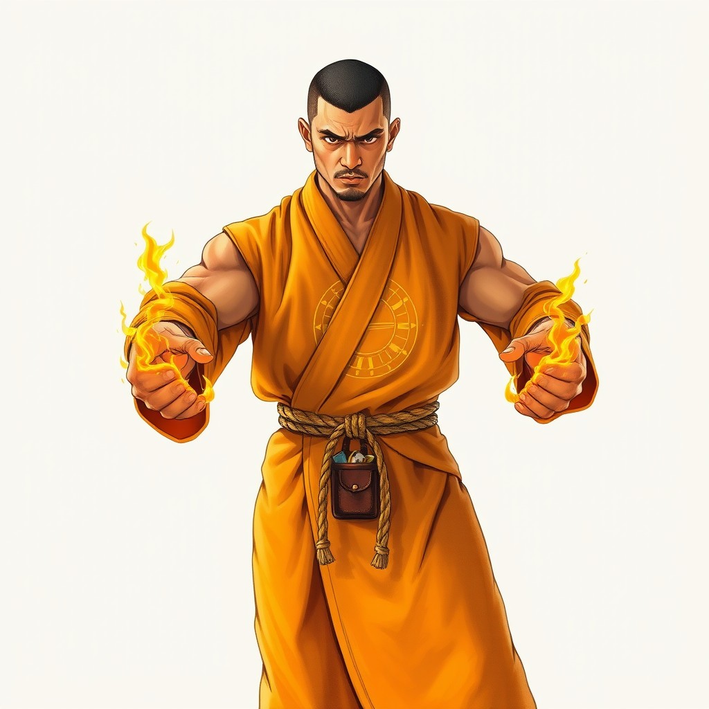 A drawing of a 45-year-old sturdy hulking monk of medium build, agile yet muscular, dressed in the ritual robe of the Solar Soul Order