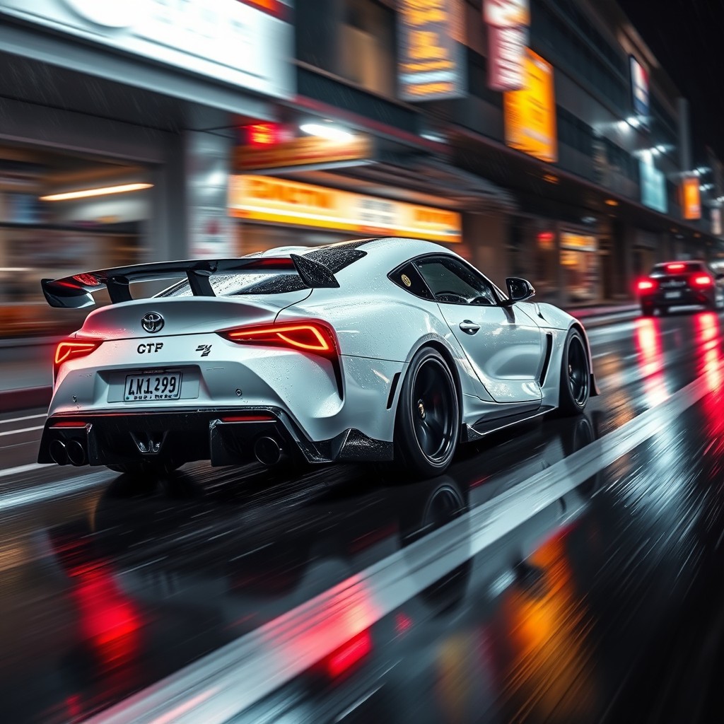 A sleek white Japanese sports car with a large black spoiler, featuring a design that blends elements of a Toyota Supra and a Porsche