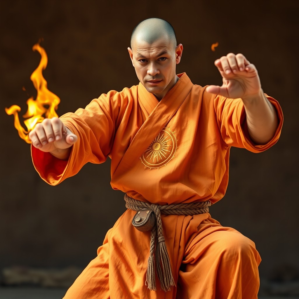A strong middle-aged monk, around 45 years old, of sturdy build and agile physique, dressed in the ritual robe of the Solar Soul Order